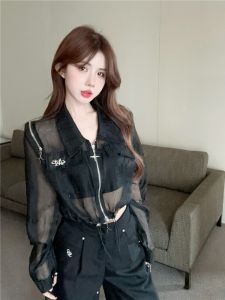 GUZILIAN | Summer New Style Korean Heavy Duty Zipper Decorated Loose Short Length Sun Protection Womens Shirt Trendy Top Drawstring Thin