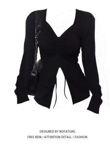 Plus Size Chubby Girl Pure Desire Wind Black V Neck Long Sleeves T-shirt Female Fall New Arrival Silm Slimming Slit Design Blouse