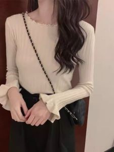 เสื้อชั้นในถักสีพื้นสำหรับผู้หญิง ทรงเข้ารูป แขนยาว คอกลม แฟชั่นฤดูใบไม้ร่วงและฤดูหนาว ทรงเข้ารูป เสื้อชั้นในสไตล์ฝรั่งเศส