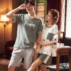 ชุดนอนผ้าฝ้ายลายการ์ตูนฤดูร้อนสำหรับคู่รัก ชุดนอนผู้ชายผู้หญิง แขนสั้น กางเกงขาสั้น ชุดนอนผ้าฝ้ายสำหรับใส่อยู่บ้าน