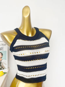 Áo Len Dệt Kim Cổ Treo Không Tay Thời Trang Mùa Hè Cho Nữ Áo Vest Ngắn Họa Tiết Sọc Đen Trắng Phong Cách Hồng Kông Áo Vest Hở Vai