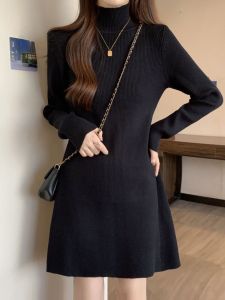 Slimming plus Size Womens Knitted Dress Half High Collar Long Sleeve Autumn Spring Cotton A-Line Mini Dress for Commute