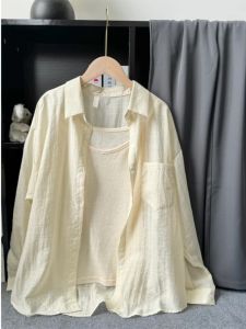 เสื้อคาร์ดิแกนแขนยาวบางกันแดดฤดูร้อนสำหรับผู้หญิง ทรงหลวม สไตล์ลำลอง เสื้อเชิ้ตชั้นใน เสื้อเชิ้ตคอโปโล สีพีช