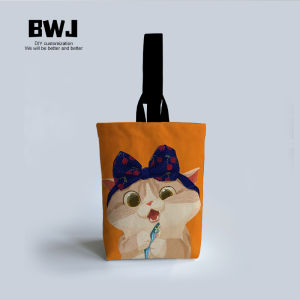 Cute Cartoon Cat Holding Fish Bucket Handbag Original Hand Drawn Walking Water Bucket Bag Canvas Storage Small Cloth Bag