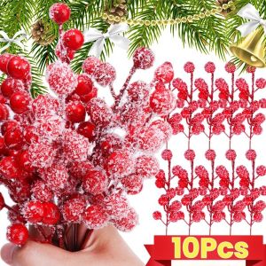 10ชิ้นพวงหรีดคริสต์มาสเกล็ดหิมะผลไม้เล็กๆสีแดงกิ่งไม้12หัวเทียมต้นฮอลลี่เบอร์รี่เครื่องประดับต้นคริสต์มาสแบบทำมือ