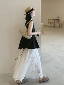 XIAOQIAOJIA | Bộ đồ hai mảnh cổ tròn màu đen không tay phong cách Hàn Quốc mùa hè Bộ đồ váy chữ A cạp cao không giống ai Bộ đồ hai mảnh