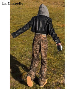 La Chapelle Fleece Lined Leopard Print Wide Leg Jeans Womens Brown Autumn New Style Slim Straight Loose Fit Denim Pants