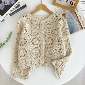 Bohemian Hollow out Knitted Sweater Womens Spring Summer New Style Single Button Long Sleeve Top Korean Version Loose Fit
