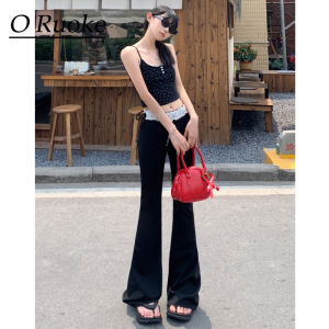 กางเกงโยคะผู้หญิงเอวต่ำทรงหลวมเอวยางยืดลายลูกไม้สีดำ กางเกงขายาวลำลองผ้ายืดบางฤดูร้อน แฟชั่นสำหรับสาวๆ