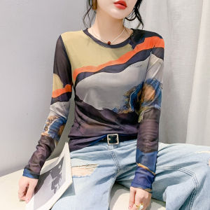 Yimei áo Áo Lưới Dài Tay mùa thu cổ tròn 2024 có in định vị Áo Thun Nữ nhuộm kiểu cột thắt co giãn ôm gọn thời trang Áo Thun Cơ Bản hợp thời trang