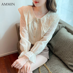 AMMIN สไตล์เกาหลีแขนยาวปกปักลูกไม้ด้านบนสำหรับผู้หญิง 2022 ชุดใบไม้ร่วงแฟชั่น หรูหรา และอ่อนโยนสไตล์ Bottoming ชีฟอง