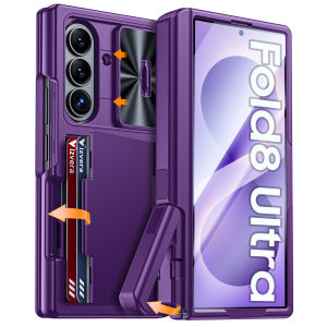 For Galaxy Z Fold 7 / 8 Ultra Shockproof Phone Case RFID Blocking Card Holder Camera Slide Cover Kickstand Phone Shell-Purple
