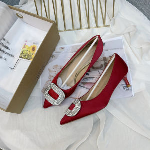 Stable Heel Satin Surface Diamond Buckle Pointed Toe Slip-On Womens Shoes Versatile Anti-Slip for All Seasons Red Color