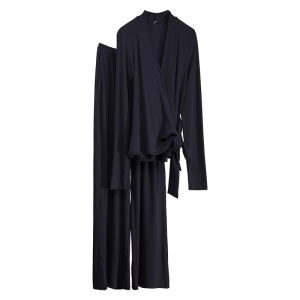 Elegant Vintage Two-piece Set V-neck Waist-accentuated Top with Wide-leg Pants
