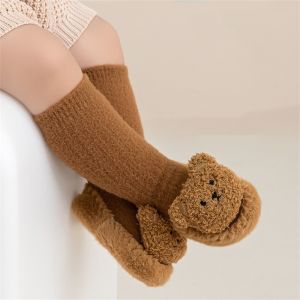 Autumn Winter Infant Leather Sole Shoes Mink Velvet Thicken Warm Newborn Baby Walking Socks Shoe Cartoon Bear Kids Floor Socken