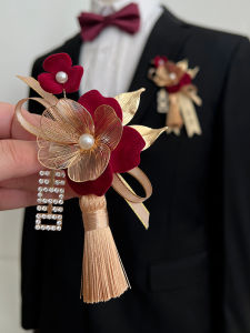 Original Fancy Chinese Style Burgundy Velvet Tassel Corsage Bridegroom Bride Wrist Flower Magnetic Brooch for Both Parents
