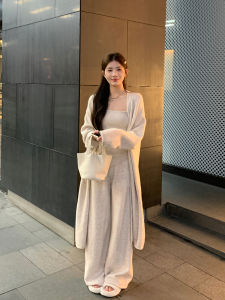 ชุดคาร์ดิแกนถักแขนยาว ชุดสามชิ้น ชุดฤดูใบไม้ร่วง/ฤดูหนาว ทรงหลวมสบายๆ สำหรับผู้หญิง เสื้อคลุมยาว