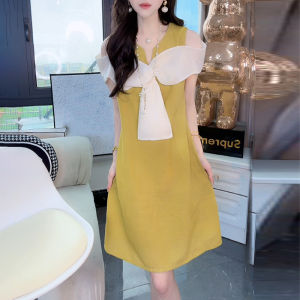 Shalldoer | Elegant Off-Shoulder Butterfly Knot Splice Dress Womens Summer New Style Lightweight Luxury Unique Design City Commute Dress