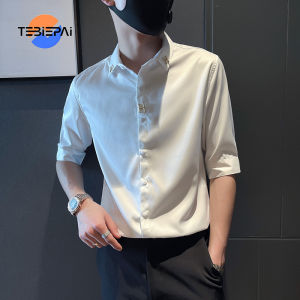 Mens Shirt New Style Short-sleeved Shirt Ice Silk Handsome High-end Five-quarter-sleeve Thin-section Slim-fit Mid-sleeve Shirt kaus lelaki keren