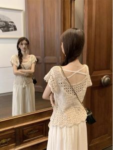 Áo Len Dệt Kim Tay Ngắn Bohemian Dành Cho Nữ Mùa Hè Thiết Kế Mới Cảm Giác Nhỏ Chèn Tay Áo Khoét Khoét Lỗ Áo Khoác Ngoài Thời Trang