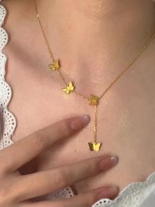 New Chinese Style 24K Gold Laser Butterfly Tassel Necklace Pendant Sweet Brushed Alloy Imitation Gold Butterfly Set Clavicle Chain