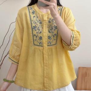 Lieoyuarn | Elegant Embroidery Single Button Slimming Cotton Linen Shirt 5/8 Sleeve