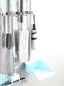 Tempat Penjepit Gantungan Sapu Pel Dinding 4 Kait Mengentalkan Mop Broom Holder Kapstok Stainless 304 Cantolan Sapu Abu-abu (Kemas)