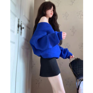 HUAYILING | Klein Blue Off-Shoulder Sweater Women Autumn New Style Loose Casual