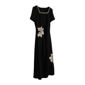 French Lace Square Neck Fitted Black Embroidered Dress