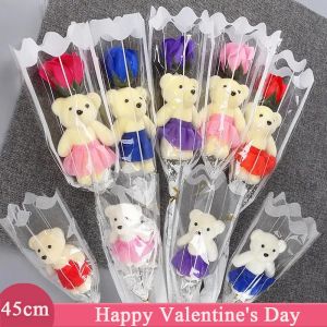 45cm Simulation Soap Rose Flower Cute Little Bear Doll Flower Bouquet with String Light Valentines Day Rose Gift Wedding Birthday Flower Room Decor
