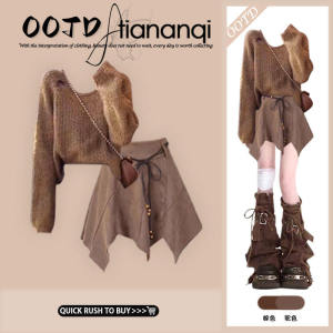 Small Size New Style Mermaid Desert Wind High-End Sweater Top with Vintage Asymmetrical Mini Skirt Fashion Set for Women