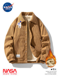 NASA Collaborative Corduroy Jacket Mens Autumn Winter Thickened Fleece Collar Workwear Jacket Trendy Outerwear for Teens
