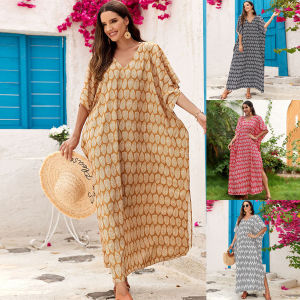 Oversize Bikini Cover Up Women Leaf Printing Beach Tunic Wrap V-neck Split Maxi Dress Four Colors Bathingsuit