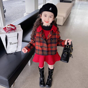2025 New Year Fashionable Plaid Thickened Fleece Autumn Winter Girls Set Polyester Fiber Sweet Style Two-Piece Skirt Dress