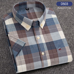Paul Pure Cotton Men Short Sleeve Plaid Shirt Young and Middle-Aged Casual Cotton Oxford plus Size Half Sleeve Shirt