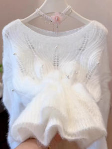 เสื้อสเวตเตอร์ถักแบบมีฮู้ดสีขาวสำหรับผู้หญิง ทรงหลวม แขนยาว ปกกลม ทรงปกติ ฤดูใบไม้ร่วง 2025 ผลิตในจีน