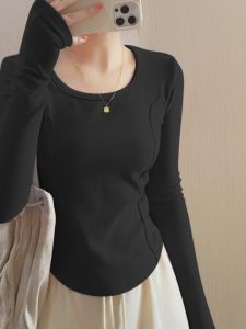 Dralon Bottoming Shirt Womens Long-Sleeved Autumn and Winter Fancy Suit Inner French Collarbone Fleece-lined Thickened Sanded Fabric Tops