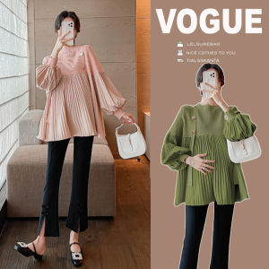 New Spring Autumn Round Neck Ruffled Loose Maternity Dress & Supportive Pants Set