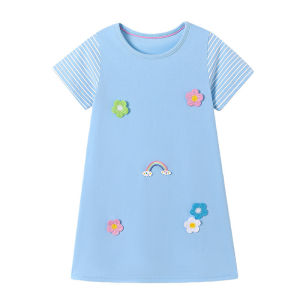 New Arrival Rainbow Girls Dress Flowers Applique Short Sleeve Summer Baby Girls Party Birthday Fashion Clothing Kids Frocks