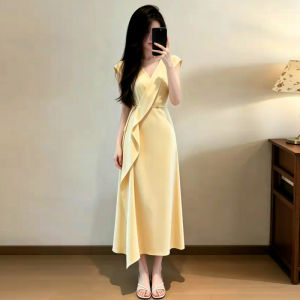 LIRENQING | Đầm Maxi Vòng Cổ V Elegent Giúp Gọn Người Màu Vàng