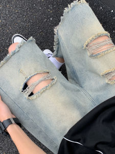 กางเกงขาสั้นผ้ายีนส์ขาตรงเอวสูงปานกลางสําหรับผู้ชายสไตล์หลวม Burrs แฟชั่นฤดูร้อนอินเทรนด์สวมใส่สบายๆทุกวัน