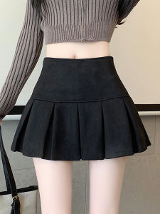 Black Suede Pleated Mini Skirt Womens Autumn Winter High Waist Slimming Leather Skirt Casual Anti-Light A-Line Short Skirt