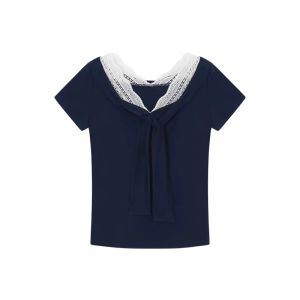 YUEZHONGWEI | French Style V-neck Lace Splice Butterfly Knot Tied Short Sleeve Slim Fit Summer Top Korean Version Commute Style Fake Two-Piece