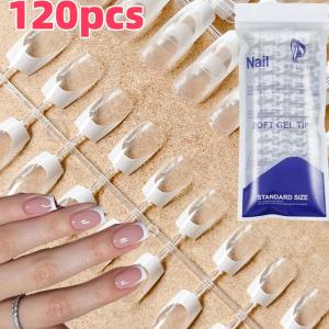 120pcs/bag Clear French Coffin Press On Nails Short Ballet Soft Gel Fake Nail Tips Artificial Full Cover False Fingertips 12Size