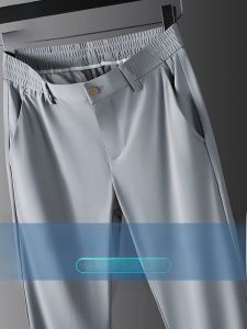 ROMON | Lormen Ice Silk Mens Casual Pants Summer Thin Breathable Elastic Waist Straight Leg Business Long Trousers Fashion Urban Style