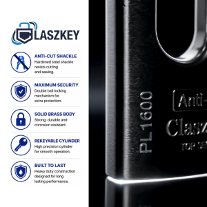 Claszkey PL-1600 Anti-Cut Padlock | Solid Brass Body | Hardened Steel Shackle | Heavy Duty High Security Lock | Gate Door Warehouse