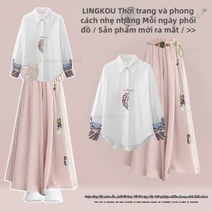 NUMEN BUTTON | Bộ Đồ Trẻ Trung Phong Cách Trung Quốc Thêu Hoa Văn Mùa Xuân Áo Và Chân Váy Cao