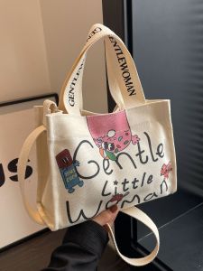 Colorful Letter Print Canvas Tote Bag for Women Casual Crossbody Shoulder Bag with Magnetic Buckle and Double Root Strap