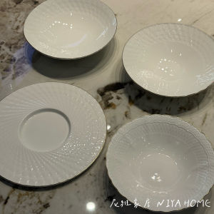 Niya Home Diningware Gold Rimmed White Plate Simple Style for Banquet Hotel Restaurant Club Business Dinner Party Dishware