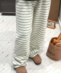 กางเกงนอนขาตรงลายทางอเนกประสงค์สำหรับผู้หญิง กางเกงผ้าสักหลาดสำหรับฤดูใบไม้ร่วงฤดูหนาวสำหรับผู้หญิง กางเกงลำลองและสวมใส่สบาย